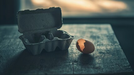 Empty egg carton on rustic wooden table with cracked eggshell, symbolizing food scarcity and supply chain challenges in modern agriculture and economy.