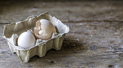 Empty egg carton on rustic wooden table with cracked eggshell, symbolizing food scarcity and supply chain challenges in modern agriculture and economy.