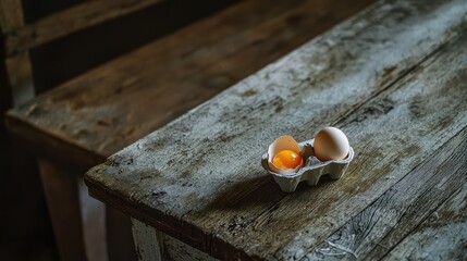 Empty egg carton on rustic wooden table with cracked eggshell, symbolizing food scarcity and supply chain challenges in modern agriculture and economy.
