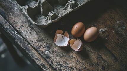 Empty egg carton on rustic wooden table with cracked eggshell, symbolizing food scarcity and supply chain challenges in modern agriculture and economy.