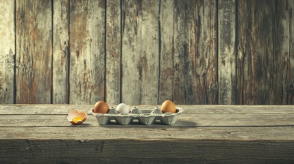 Empty egg carton on rustic wooden table with cracked eggshell, symbolizing food scarcity and supply chain challenges in modern agriculture and economy.