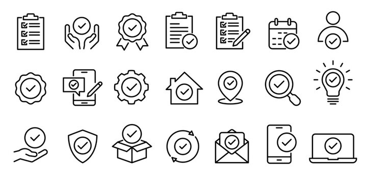 Checkmark icon set. Check mark icons. Checklist, survey, agreement, arrow, approved, correct, vote, bulb, document, hand, shield, schedule, pencil, checkbox, certificate, test, magnifying glass, tick.