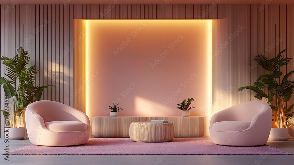 Wall mural A modern relaxation podcast studio with plush, comfortable seating, pastel pink and lavender walls, soft golden lighting, and minimalistic decor, featuring ergonomic chairs and a sleek wooden desk.