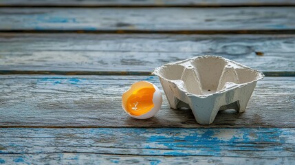 Empty egg carton on rustic wooden table with cracked eggshell, symbolizing food scarcity and supply chain challenges in modern agriculture and economy.