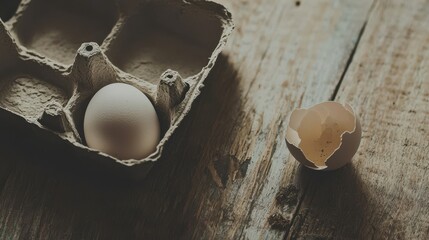 Empty egg carton on rustic wooden table with cracked eggshell, symbolizing food scarcity and supply chain challenges in modern agriculture and economy.