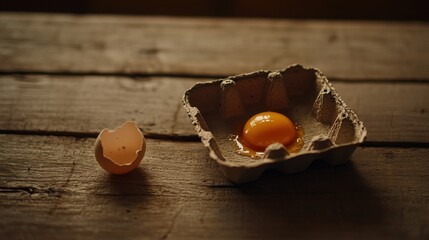 Empty egg carton on rustic wooden table with cracked eggshell, symbolizing food scarcity and supply chain challenges in modern agriculture and economy.