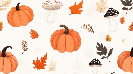 Autumn pumpkins, mushrooms, and leaves seamless pattern, nature background, for fall design