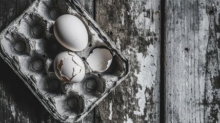 Empty egg carton on rustic wooden table with cracked eggshell, symbolizing food scarcity and supply chain challenges in modern agriculture and economy.