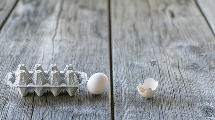 Empty egg carton on rustic wooden table with cracked eggshell, symbolizing food scarcity and supply chain challenges in modern agriculture and economy.