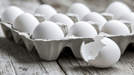 Empty egg carton on rustic wooden table with cracked eggshell, symbolizing food scarcity and supply chain challenges in modern agriculture and economy.