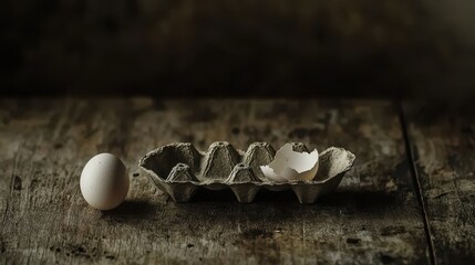 Empty egg carton on rustic wooden table with cracked eggshell, symbolizing food scarcity and supply chain challenges in modern agriculture and economy.