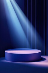 Blue podium with a spotlight on a stage background.