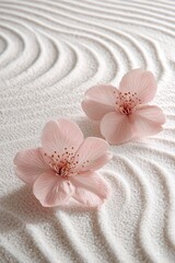 Pink cherry blossom flowers on white sand.