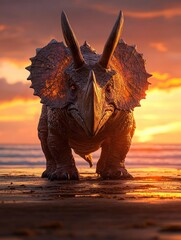 Fototapeta premium Triceratops sunset beach prehistoric creature; fantasy art