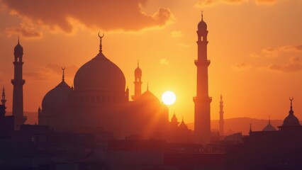 Naklejka premium Ramadan Kareem Celebration With Sunset Over Mosque Silhouette Creating a Peaceful Atmosphere for Worship and Reflection