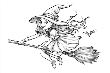 Fototapeta premium Cute Witch Flying on a Broomstick in a Halloween Outline Coloring Page for Kids. Generative AI
