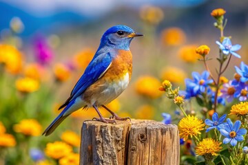 Obraz premium Western Bluebird Perched on Wooden Post - Panoramic Landscape Photography