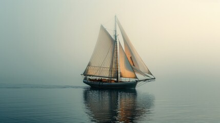 Serene Sailboat Gliding Through Misty Waters
