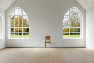Fototapeta premium Bright and spacious room with a single wooden chair and large windows overlooking nature