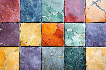 Colorful textured stone tiles arranged in a grid, showcasing a variety of vibrant natural hues and intricate patterns