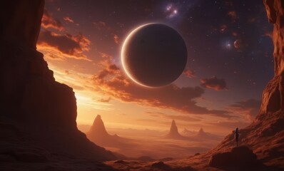 A breathtaking alien landscape at sunset