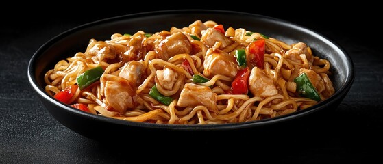 Stirfried noodles with chicken and vegetables, vibrant and appetizing, dark background