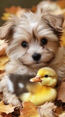 Adorable Puppy and Duckling Friends Autumn Leaves
