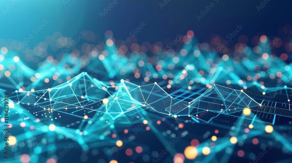 Poster abstract digital landscape with glowing lines and nodes representing data connections and networks, 
