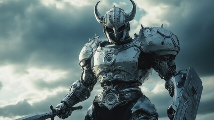 Naklejka premium A futuristic knight in metallic armor stands against a dramatic sky, wielding a sword.