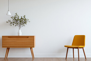 Modern interior design showcasing wooden furniture and minimalist decor in a bright space