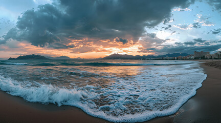  Spanish beach panorama view with foam waves before storm, sea or ocean water under sunset sky with dark blue clouds. Background summer