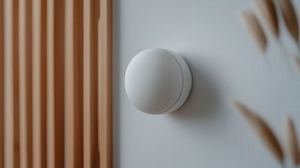 Modern white thermostat mounted on a wall in a minimalist room with wooden accents and plants
