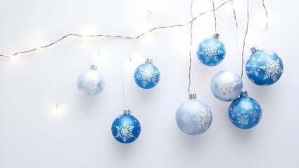 Modern Holiday Background with Blue and Silver Baubles and String Lights