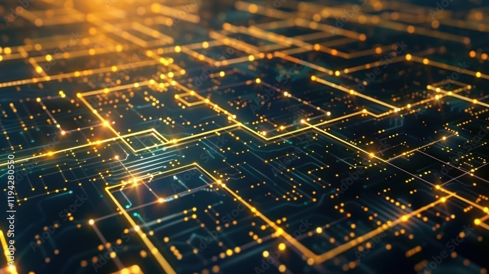 Poster digital circuit board with glowing lines and nodes, representing technology and innovation. intricat