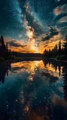 Serene nightscape reflecting the Milky Way over a tranquil lake.