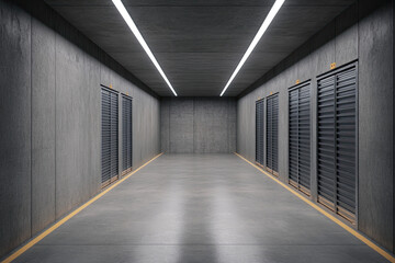 A minimalist interior view of a storage space with concrete walls, sleek lighting, and organized shelves, conveying a sense of order and modernity.