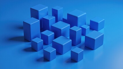 Obraz premium Close-up, eye-level perspective of vibrant blue 3D cubes on a matching surface. They form an intriguing arrangement, with the largest at the heart of this dynamic composition