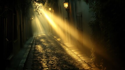 Sunbeams illuminate cobblestone alley, misty morning, old city, atmospheric scene, ideal for travel websites