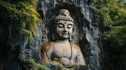 Obraz premium Ancient Stone Buddha Carved into Mountainside