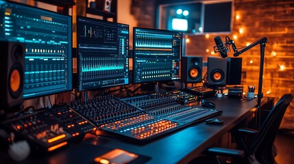 A tech-heavy podcast studio with multiple curved monitors, a sleek black desk, and advanced mixers with glowing LED buttons. Dynamic microphones on adjustable arms are perfectly positioned,