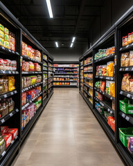 Fototapeta premium A modern grocery aisle lined with shelves full of various packaged foods, showcasing a well-organized shopping environment.