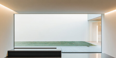 Fototapeta premium Modern interior space with large glass window giving view of grassy lawn