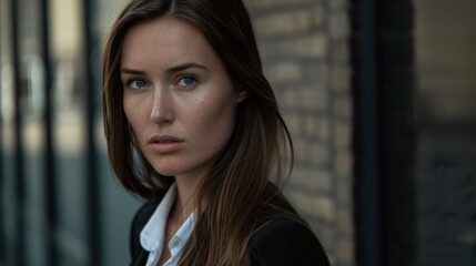Fototapeta premium woman with long hair stands against brick wall, exuding confidence and poise. Her serious expression and stylish attire reflect modern urban vibe