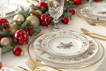 Christmas table setting,the concept of a Christmas family dinner --no dark --chaos 15 --ar 3:2 --v 6 Job ID: 7ba9e109-44dc-4b59-a649-35e57ef0746d.