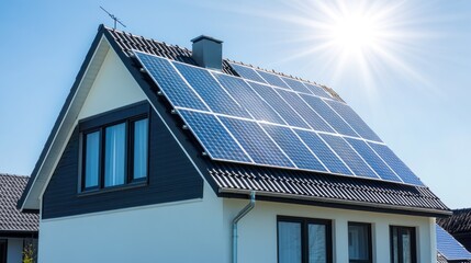 Fototapeta premium Solar panels on house roof, sunny day, clean energy, sustainable home