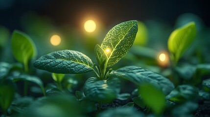 Close-up of AI sensors attached to plants, collecting real-time agricultural data
