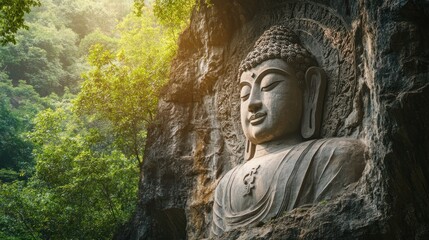 Serene Giant Buddha Carved into Cliffside Mountain, Lush Greenery