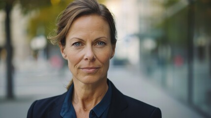 Fototapeta premium Confident woman in business suit, standing outdoors with serious expression. background features blurred urban elements, suggesting professional environment