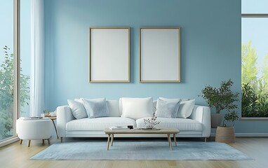 Modern blue living room with sofa, plants, and large windows, ideal for interior design websites
