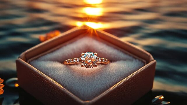 A sparkling diamond ring displayed in a luxurious box by a sunset backdrop.